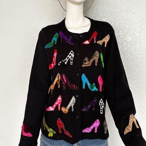 Vintage 90s Beaded High Heel Shoe Addict Sweater Cardigan